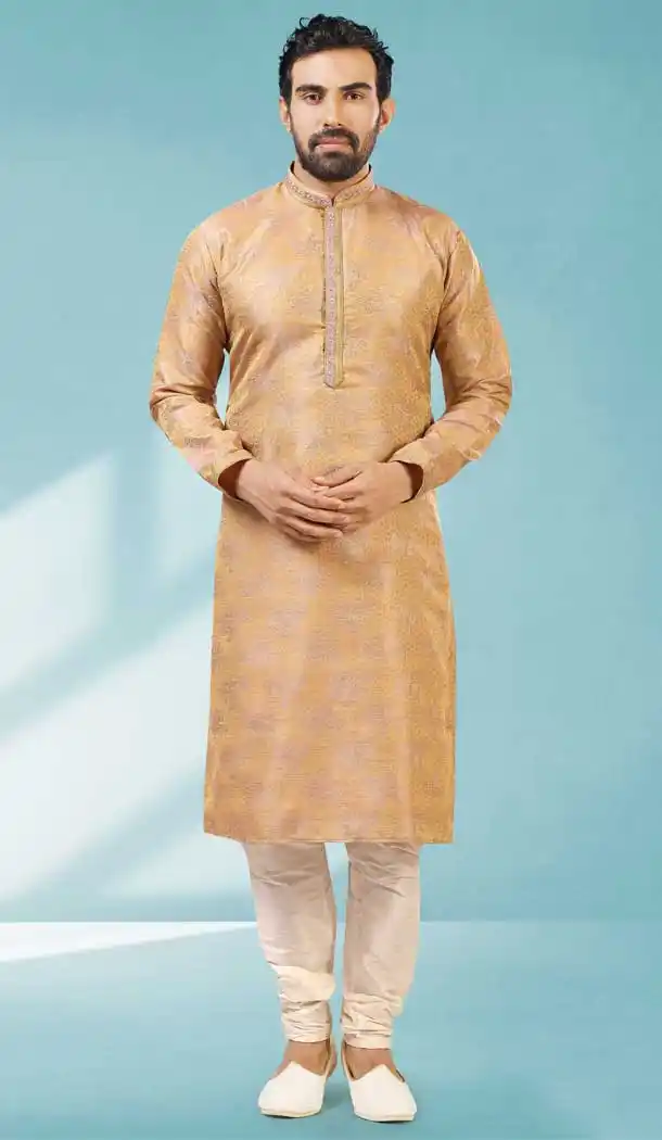 Onion Pink Color Jacquard Silk Brocade Readymade Men's Kurta Pajama -1762132902