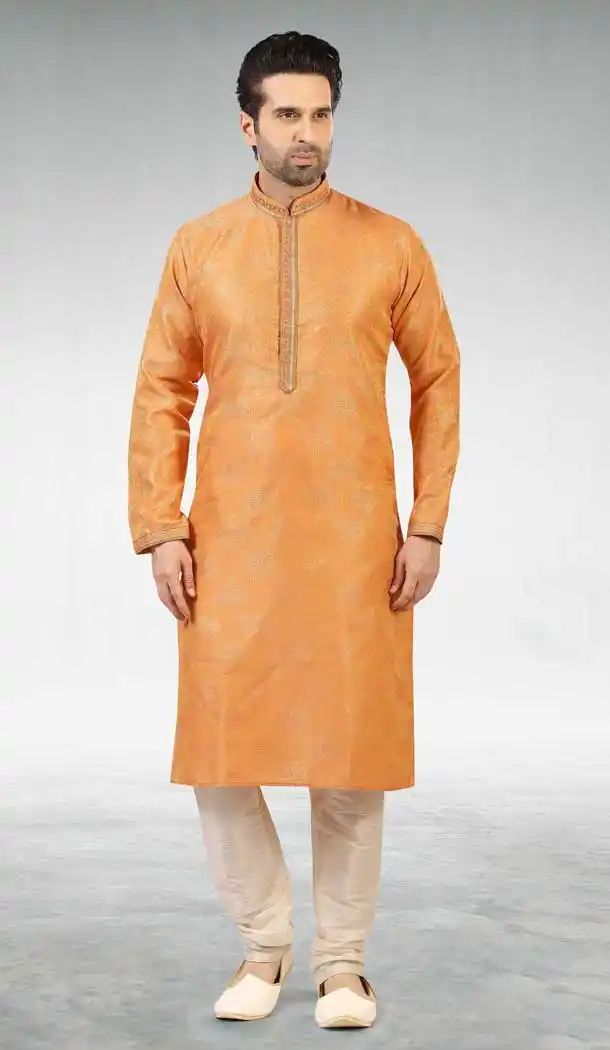 Lovely Peach Color Jacquard Silk Brocade Readymade Men's Kurta Pajama -1762132903