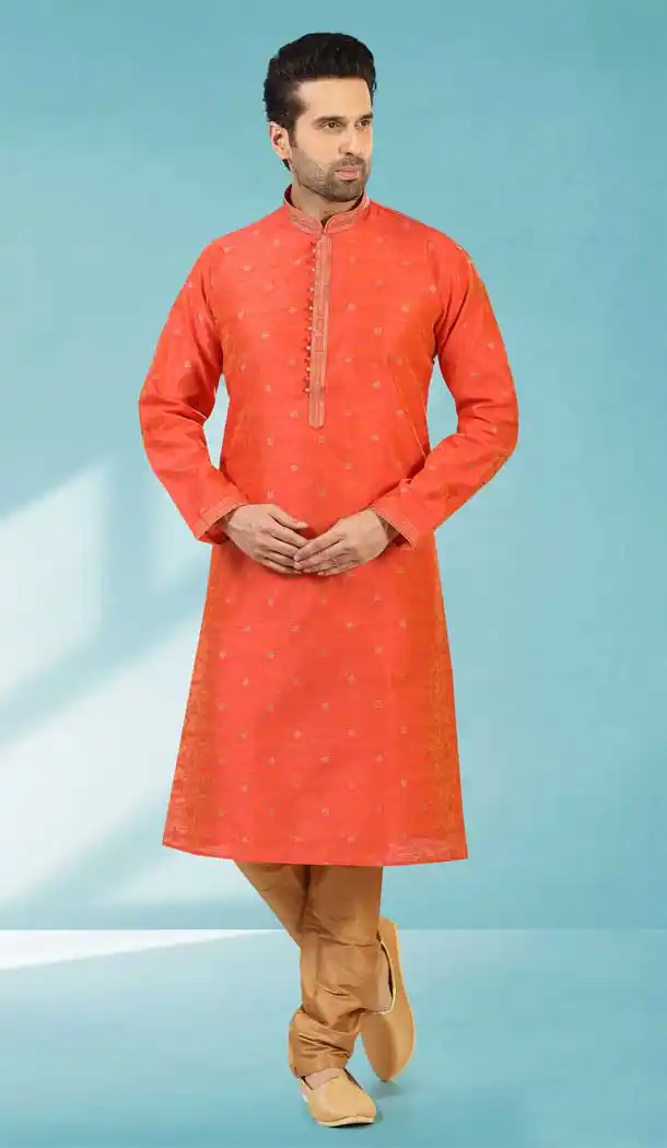 Rust Color Jacquard Silk Brocade Readymade Men's Kurta Pajama -1762132905