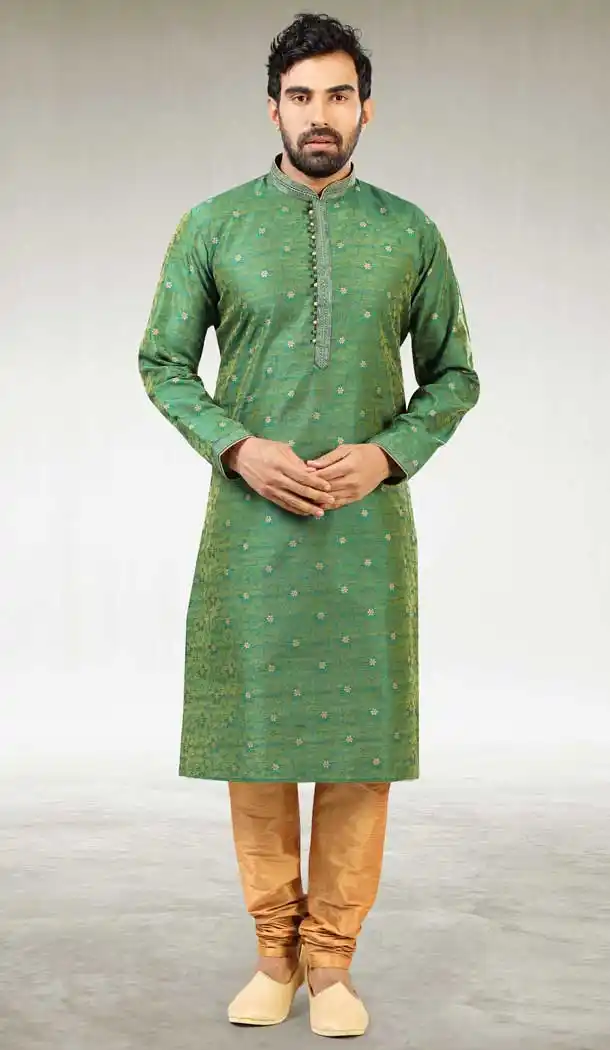Gorgeous Green Color Jacquard Silk Brocade Readymade Men's Kurta Pajama -1762132906