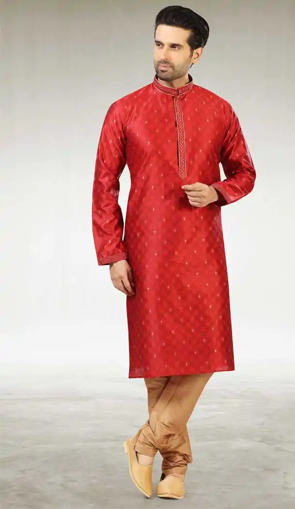 Maroon Color Jacquard Silk Brocade Readymade Men's Kurta Pajama -1762132907