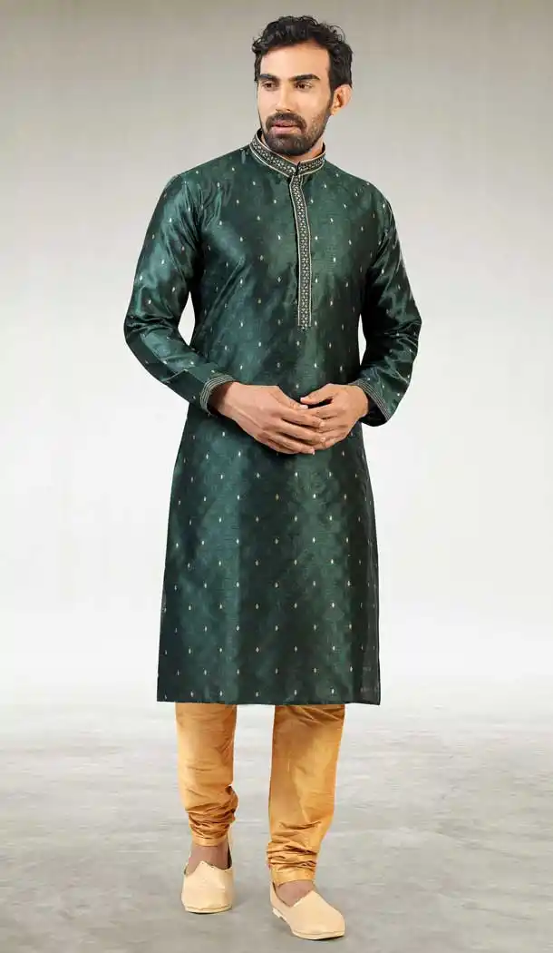 Bottel Green Color Jacquard Silk Brocade Readymade Men's Kurta Pajama -1762132908