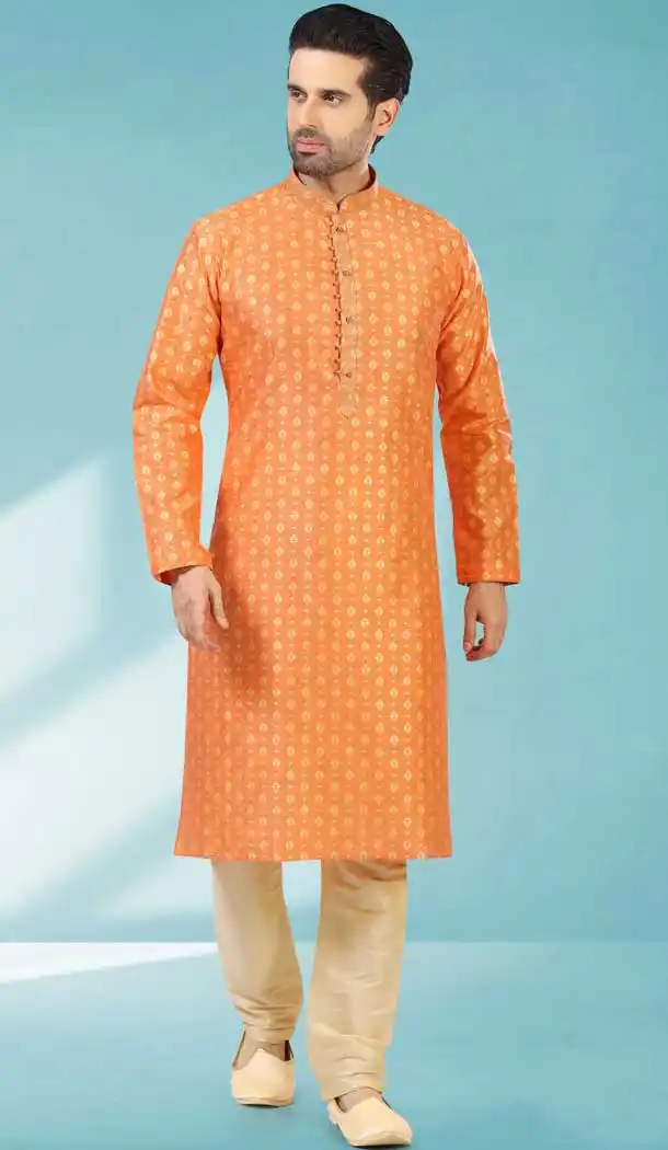Orange Color Jacquard Silk Brocade Readymade Men's Kurta Pajama -1762132910