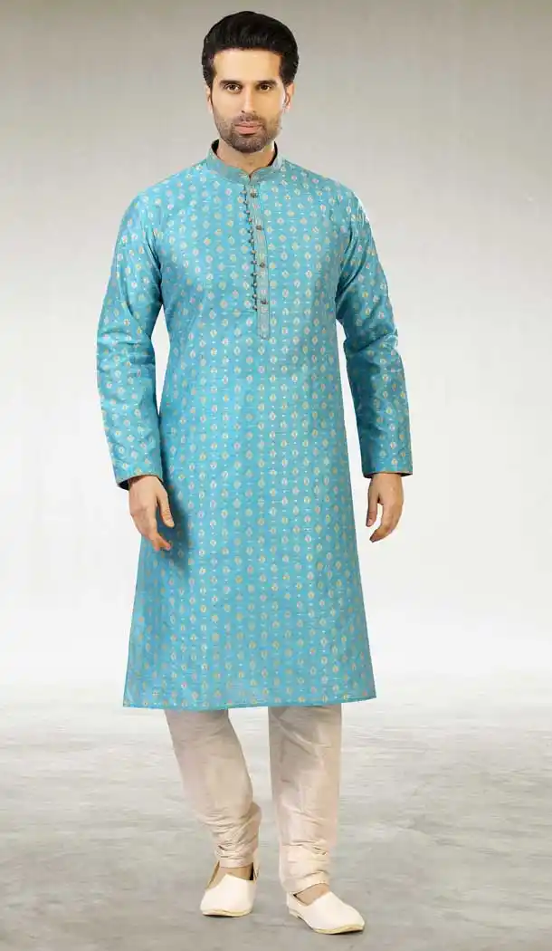 Sky Blue Color Jacquard Silk Brocade Readymade Men's Kurta Pajama -1762132911