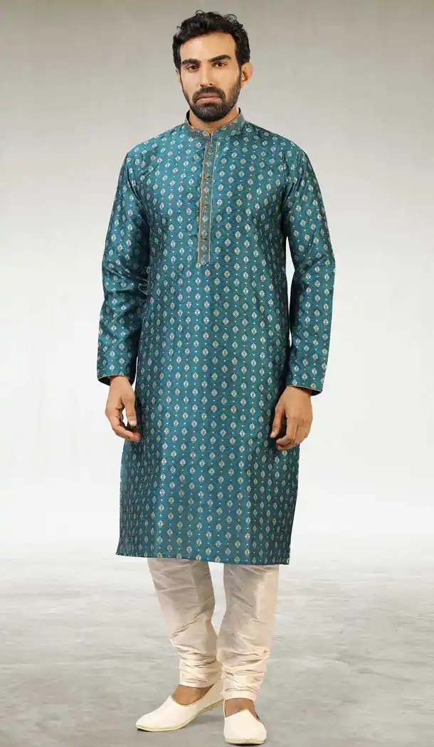 Teal Blue Color Jacquard Silk Brocade Readymade Men's Kurta Pajama -1762132913