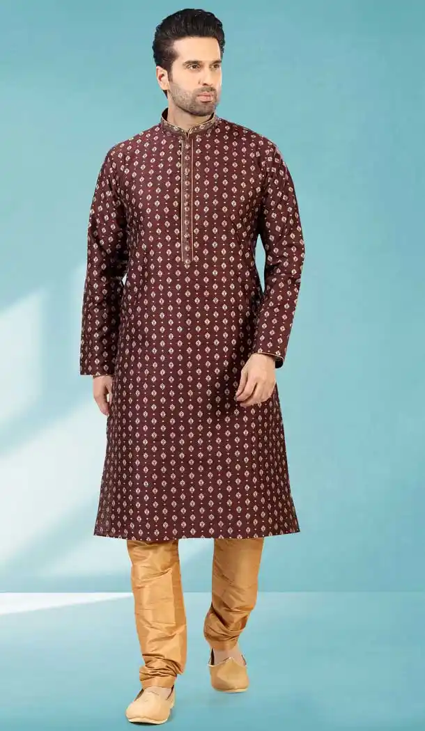 Maroon Color Jacquard Silk Brocade Readymade Men's Kurta Pajama -1762132914