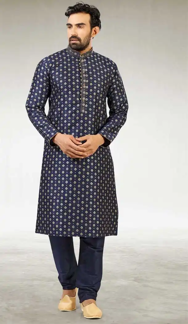 Interesting Blue Color Jacquard Silk Brocade Readymade Men's Kurta Pajama -1762132915