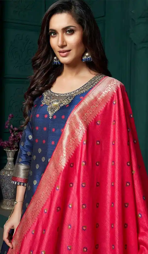 Blue Color Tussar Silk Designer Party Wear Redymade Gown -1768132959