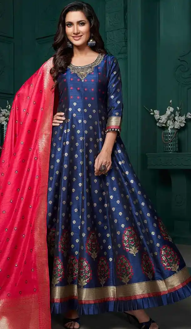 Blue Color Tussar Silk Designer Party Wear Redymade Gown -1768132959