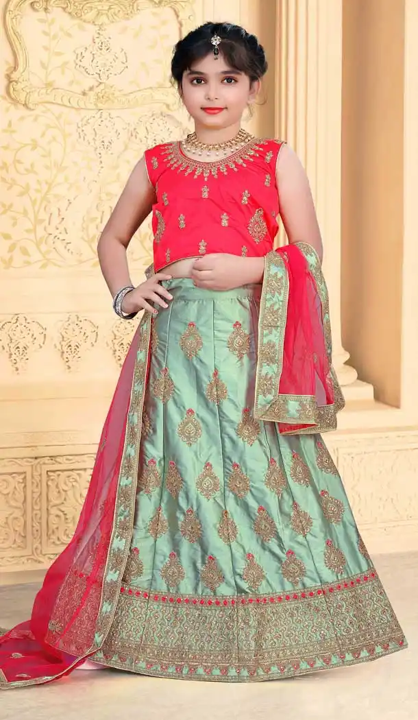 Mint Green Color Japan Silk Designer Kid Girls Wear Lehenga Choli -1783133068