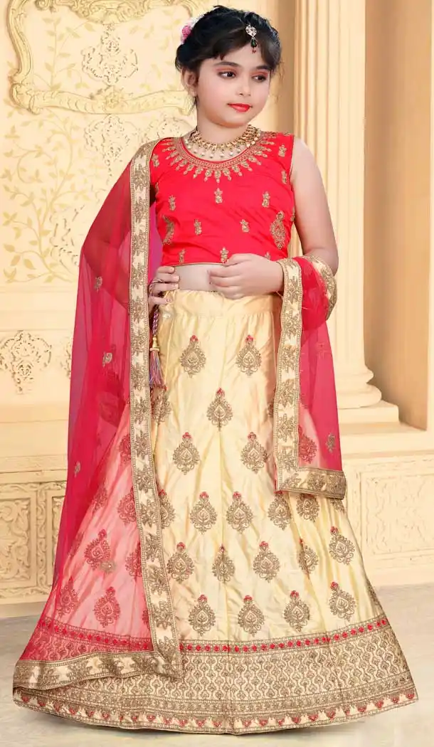 Cream Color Japan Silk Designer Kid Girls Wear Lehenga Choli -1783133069