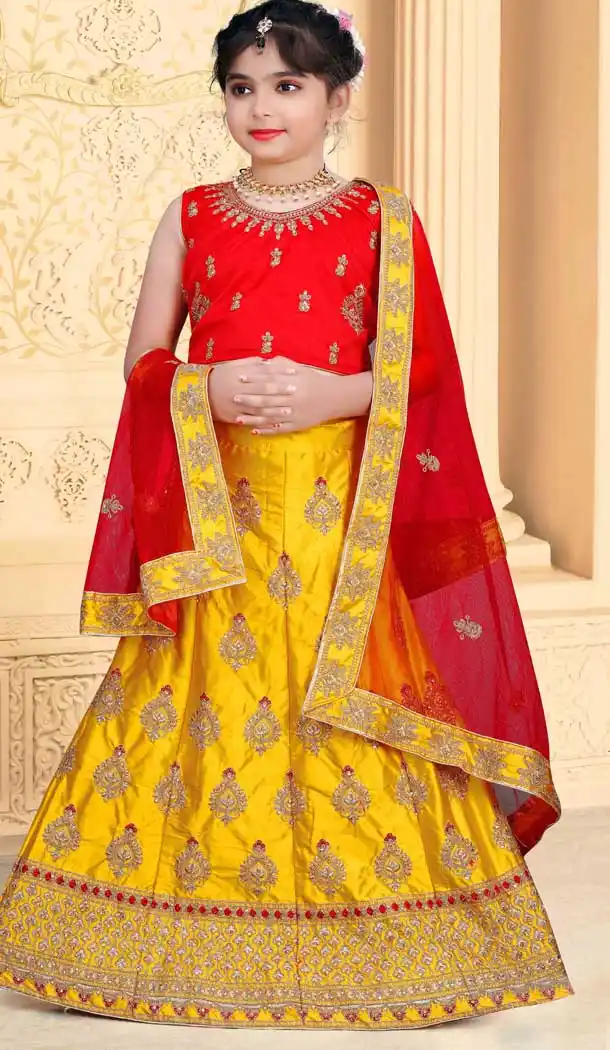 Yellow Color Japan Silk Designer Kid Girls Wear Lehenga Choli -1783133070