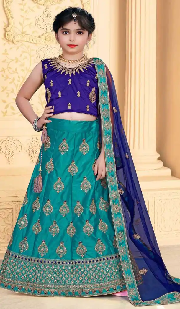 Light Aqua Color Japan Silk Designer Kid Girls Wear Lehenga Choli -1783133071