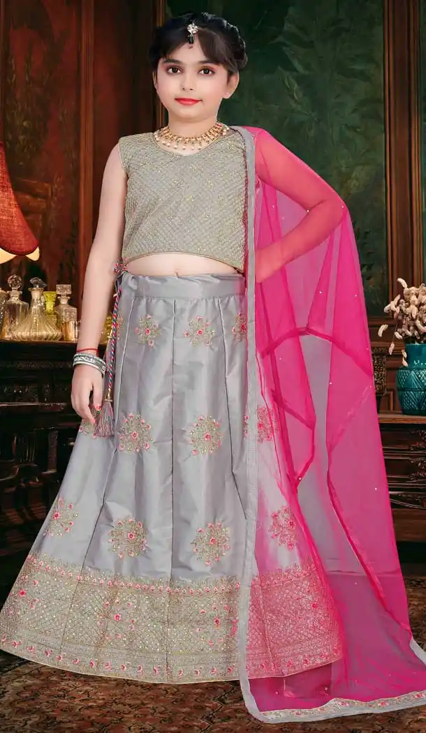 Grey Color Japan Silk Designer Traditional Wear Girls Lehenga Choli -1785133085