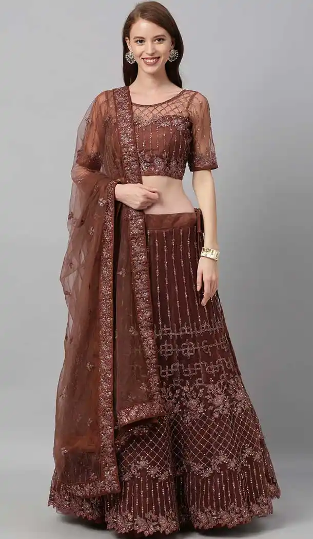 Brown Color Net Designer Heavy Festive Party Wear Lehenga Choli -1788133105