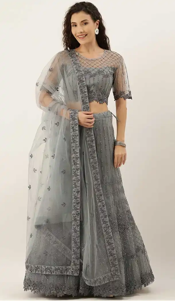 Grey Color Net Designer Heavy Mehendi Sangeet Wear Lehenga Choli -789133129