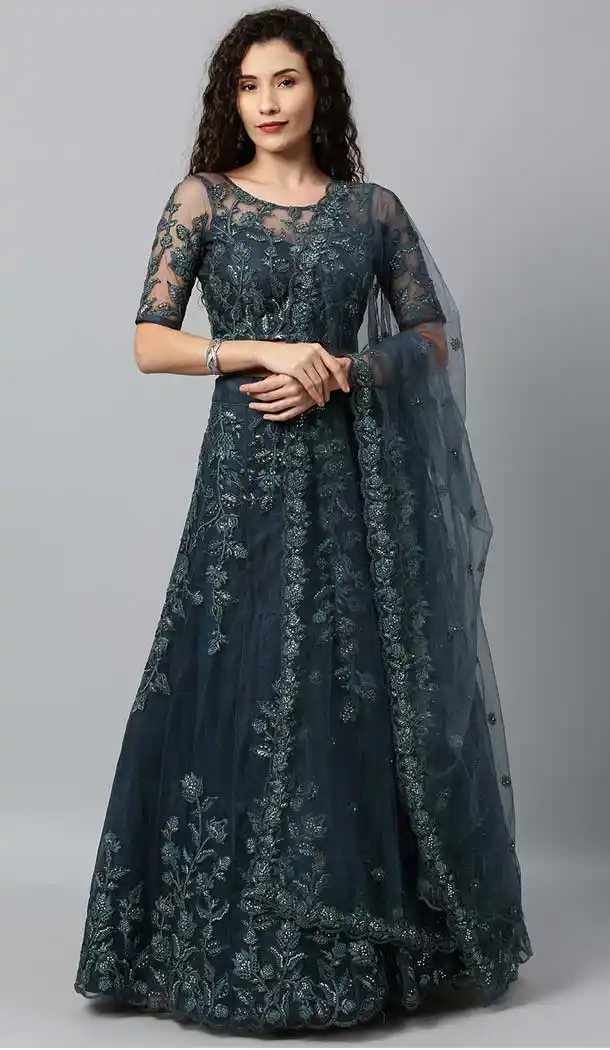 Exotic Grey Color Net Designer Heavy Mehendi Sangeet Wear Lehenga Choli -789133132