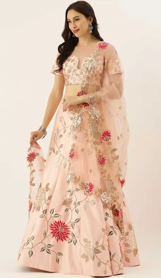 Peach Color Satin Silk Designer Heavy Mehendi Sangeet Wear Lehenga Choli -789133134