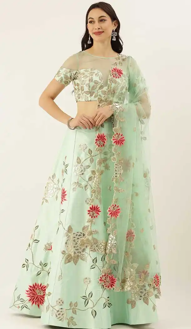 Sky Color Satin Silk Designer Heavy Mehendi Sangeet Wear Lehenga Choli -789133135