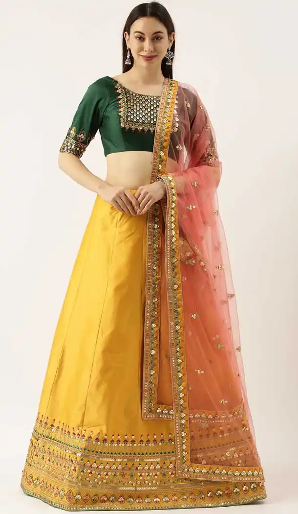 Elegant Yellow Color Satin Silk Designer Heavy Mehendi Sangeet Wear Lehenga Choli -789133136