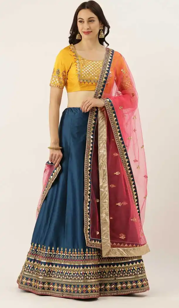 Navy Blue Color Satin Silk Designer Heavy Mehendi Sangeet Wear Lehenga Choli -789133137