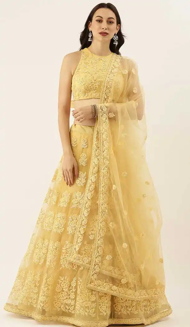 Cream Color Net Designer Heavy Mehendi Sangeet Wear Lehenga Choli -789133138