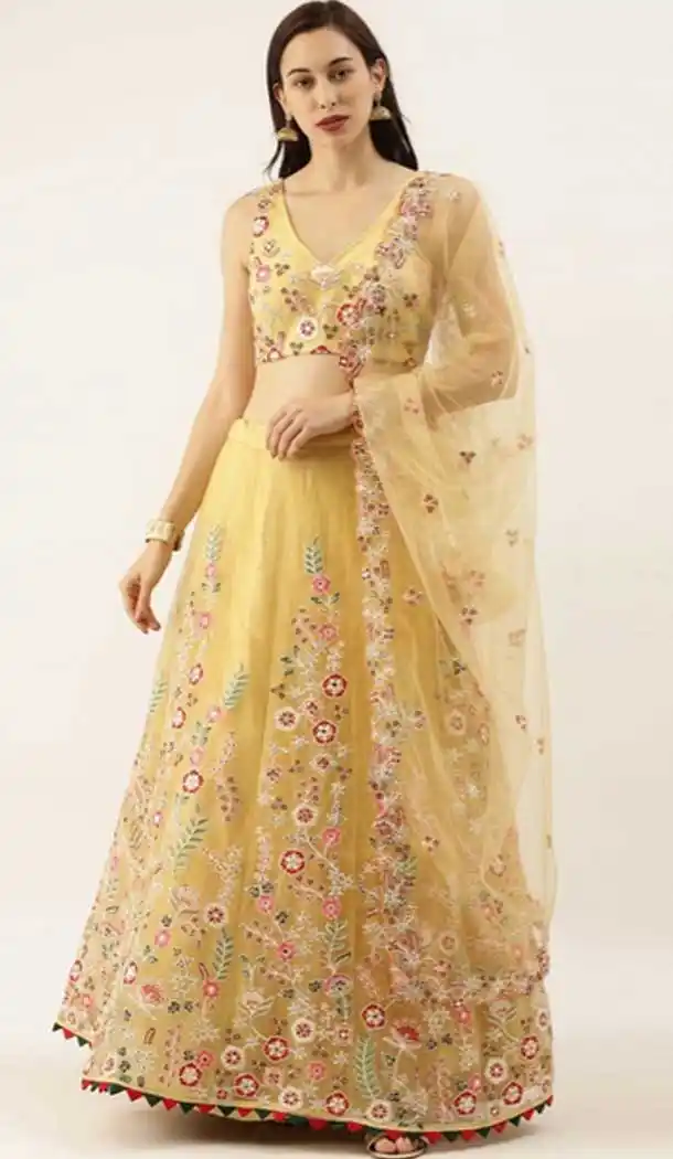 Elegant Yellow Color Net Designer Heavy Mehendi Sangeet Wear Lehenga Choli -789133139