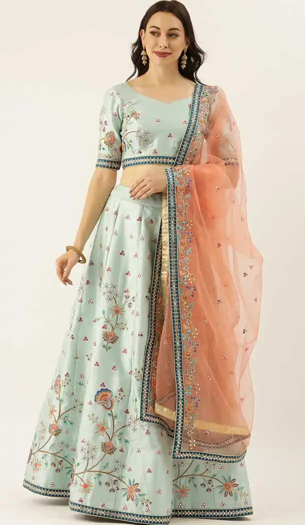 Engaging Mint Color Art Silk Designer Heavy Mehendi Sangeet Wear Lehenga Choli -789133140