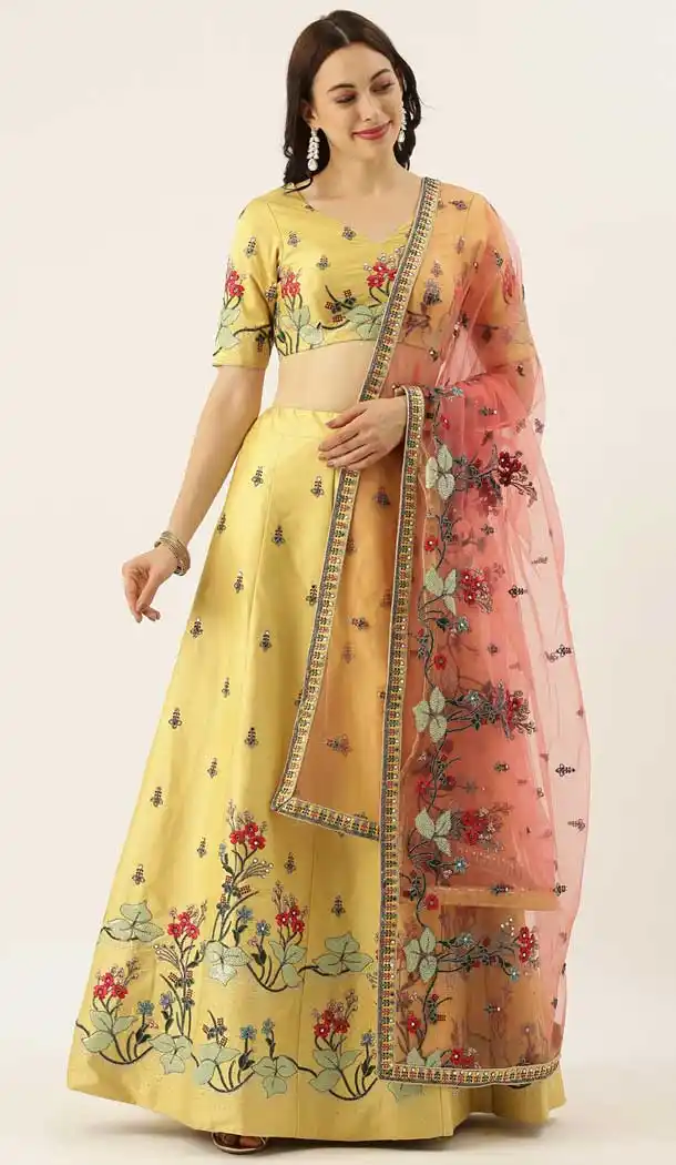 Sparkling Yellow Color Satin Silk Designer Heavy Mehendi Sangeet Wear Lehenga Choli -789133143