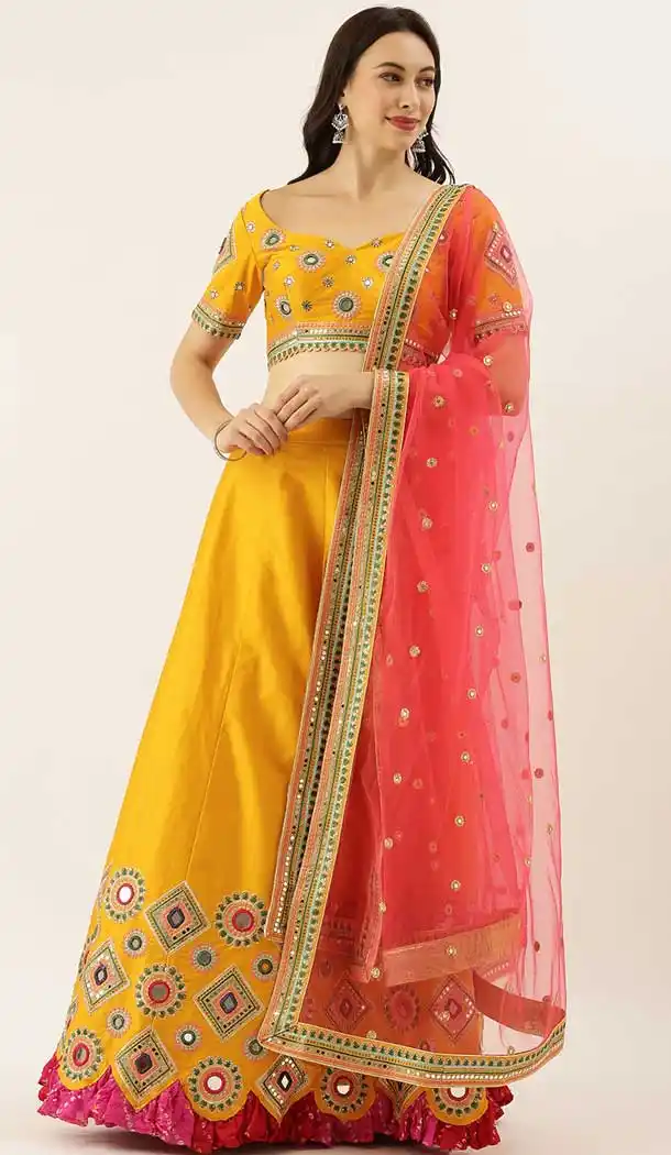 Ravishing Yellow Color Satin Silk Designer Heavy Mehendi Sangeet Wear Lehenga Choli -789133145
