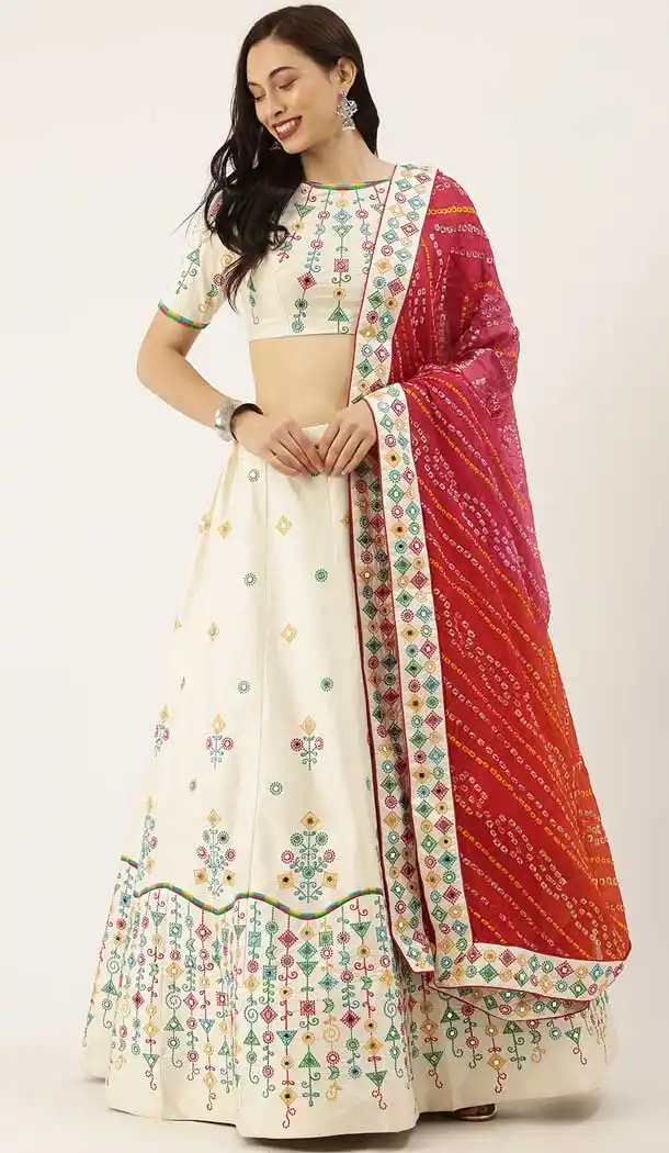 White Color Satin Silk Designer Heavy Mehendi Sangeet Wear Lehenga Choli -789133146