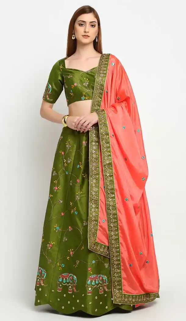 Mehendi Color Satin Silk Designer Heavy Mehendi Sangeet Wear Lehenga Choli -789133147