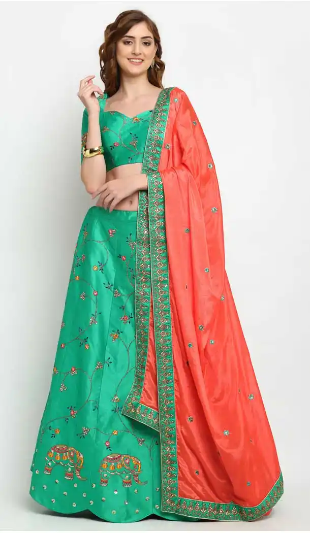 Spring Green Color Satin Silk Designer Heavy Mehendi Sangeet Wear Lehenga Choli -789133149