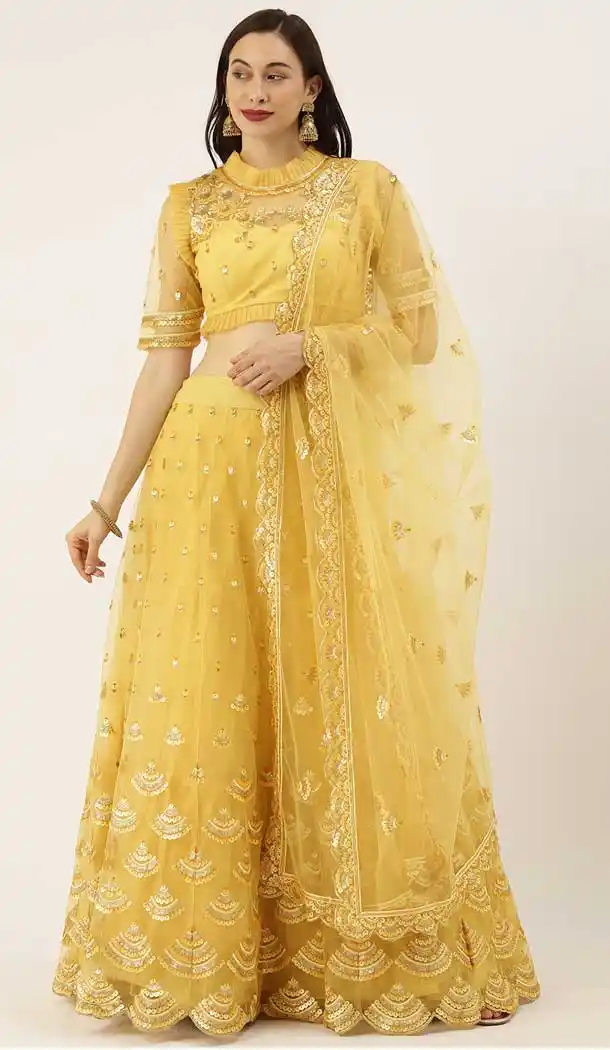 Unique Yellow Color Satin Silk Designer Heavy Mehendi Sangeet Wear Lehenga Choli -789133150