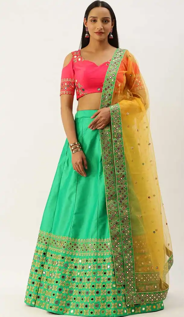 Cyan Color Satin Silk Designer Heavy Mehendi Sangeet Wear Lehenga Choli -789133152