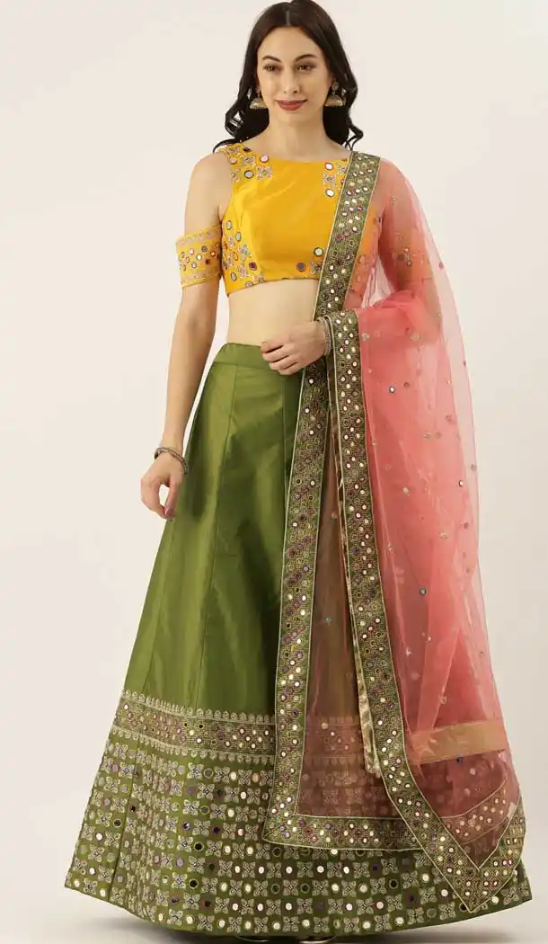 Majesty Mehendi Color Satin Silk Designer Heavy Mehendi Sangeet Wear Lehenga Choli -789133153