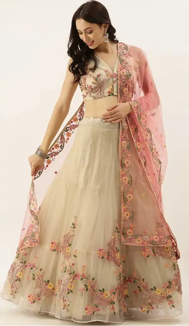 Cream Color Net Wedding Sangeet Garba Wear Lehenga Choli -1790133158