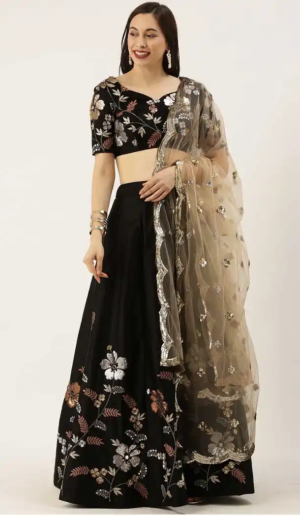 Black Color Satin Silk Wedding Sangeet Garba Wear Lehenga Choli -1790133159