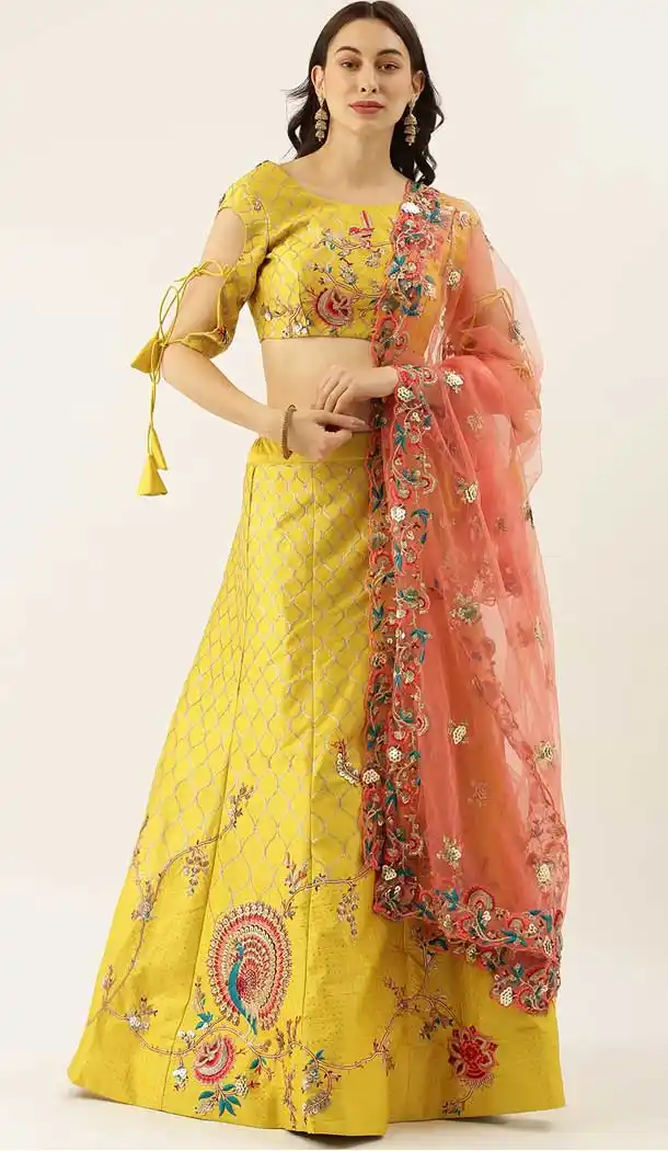 Ethnic Yellow Color Satin Silk Wedding Sangeet Garba Wear Lehenga Choli -1790133160