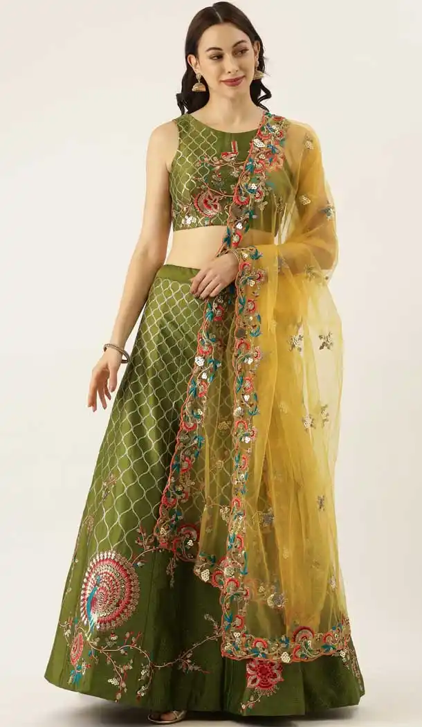 Mehendi Green Color Satin Silk Wedding Sangeet Garba Wear Lehenga Choli -1790133161