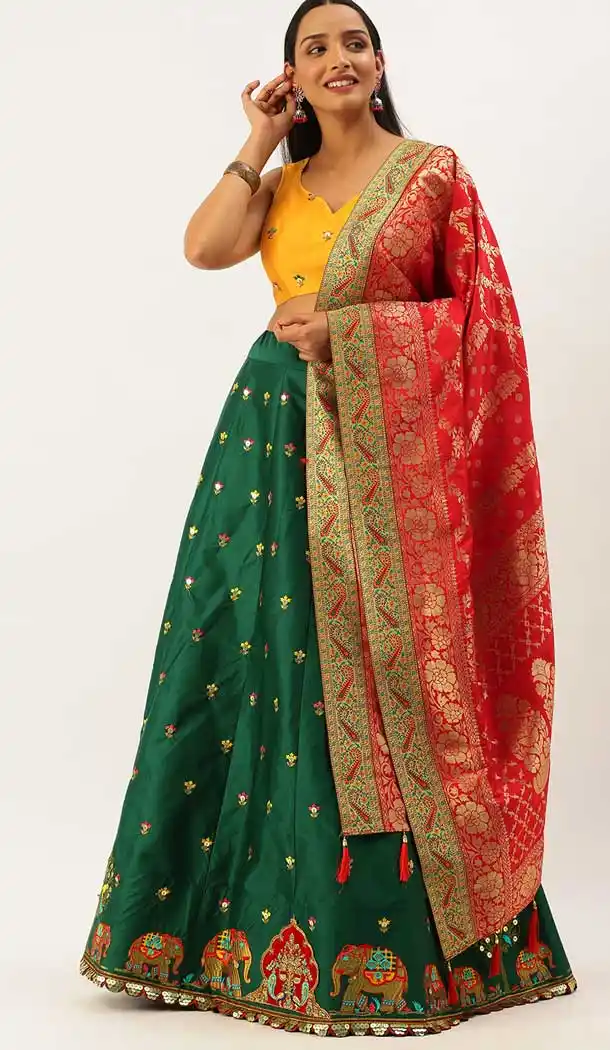 Charming Green Color Satin Silk Wedding Sangeet Garba Wear Lehenga Choli -1790133162
