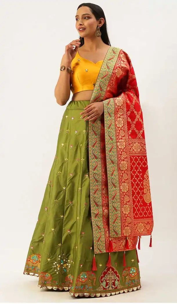 Mehendi Color Satin Silk Wedding Sangeet Garba Wear Lehenga Choli -1790133163