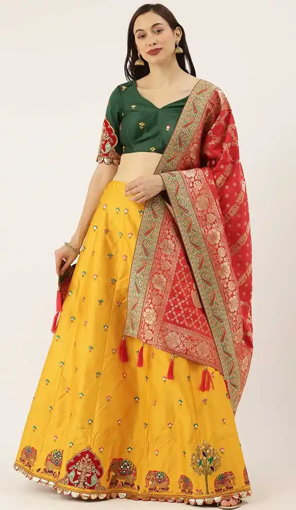 Exquisite Mustard Color Satin Silk Wedding Sangeet Garba Wear Lehenga Choli -1790133164