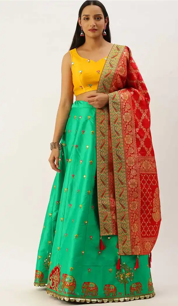 Turquoise Color Satin Silk Wedding Sangeet Garba Wear Lehenga Choli -1790133165
