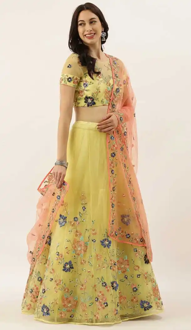 Aesthetic Lemon Color Net Wedding Sangeet Garba Wear Lehenga Choli -1790133167