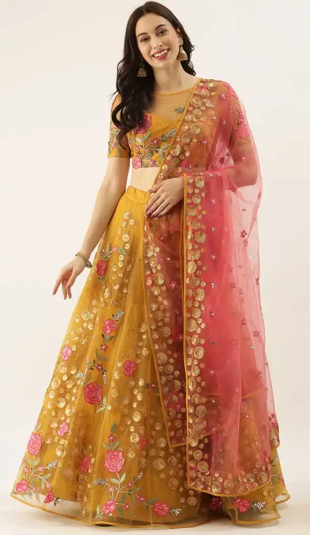 Fascinating Mustard Color Net Wedding Sangeet Garba Wear Lehenga Choli -1790133168