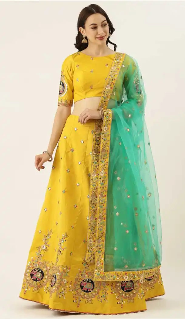 Attractive Yellow Color Silk Wedding Sangeet Garba Wear Lehenga Choli -1790133172