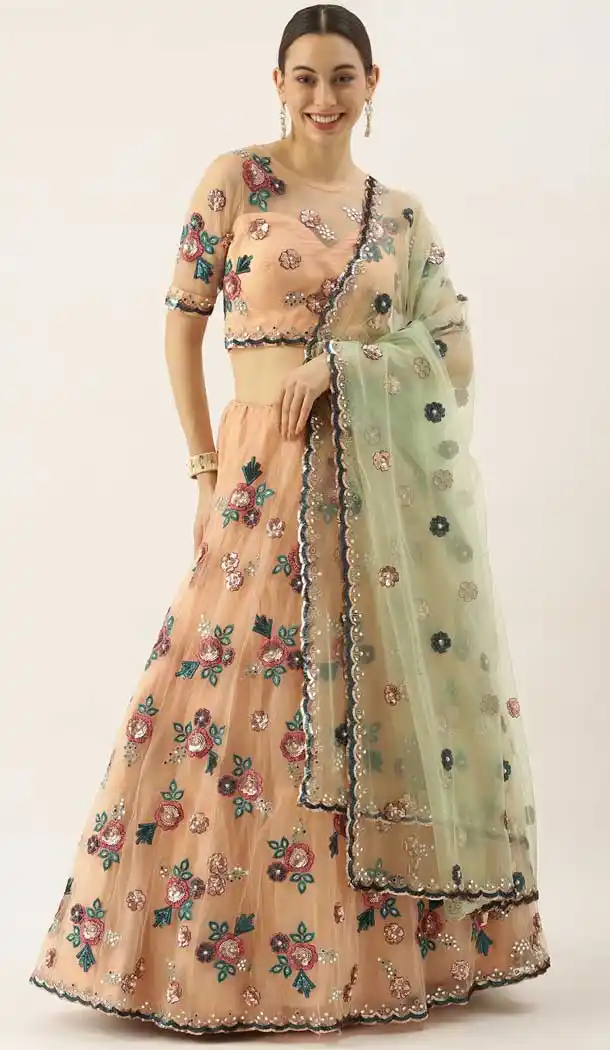 Alluring Peach Color Net Wedding Sangeet Garba Wear Lehenga Choli -1790133174