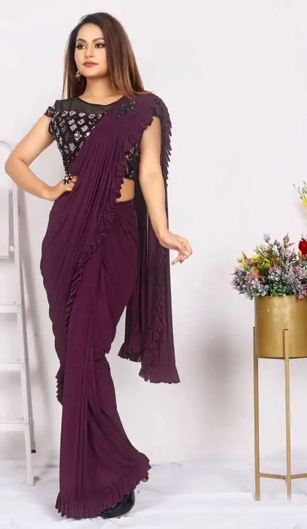 Wine Color Imported Silk Lycra Ready to Wear Fancy Party Wear Saree -1796133229