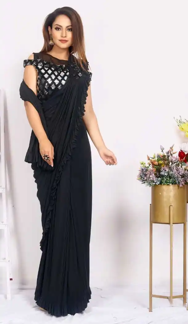 Black Color Imported Silk Lycra Ready to Wear Fancy Party Wear Saree -1796133231